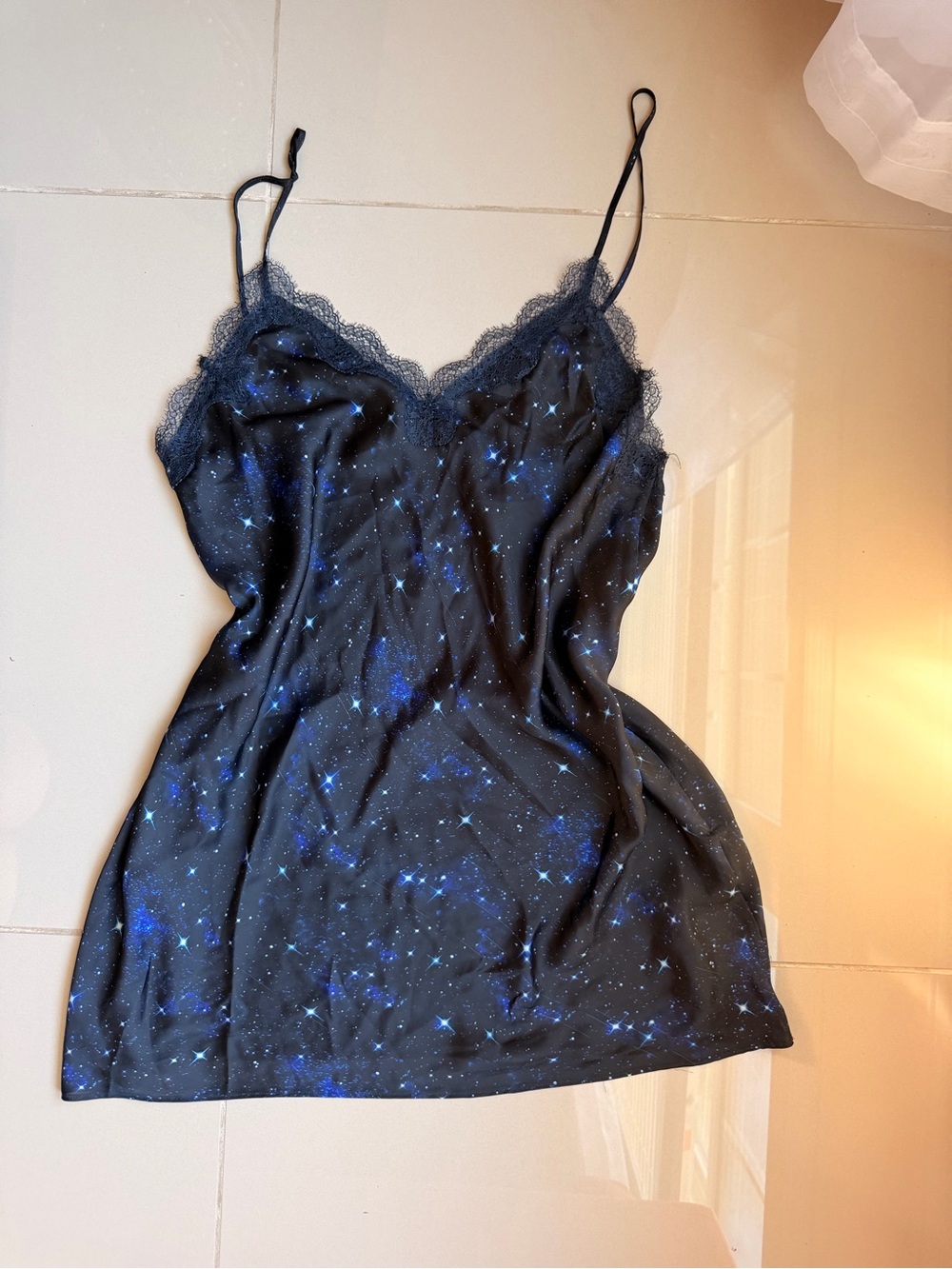 Victoria’s Secret Satin Slip Dress Size L Galaxy Star Print Black Lace Trim